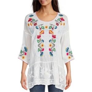 Johnny Was White Tunic with Multicolor Embroidery